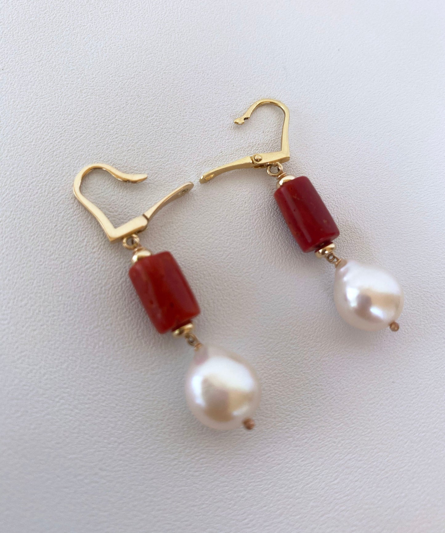Mediterranean Coral, Pearl and 14K Yellow Gold Lever Back Earrings