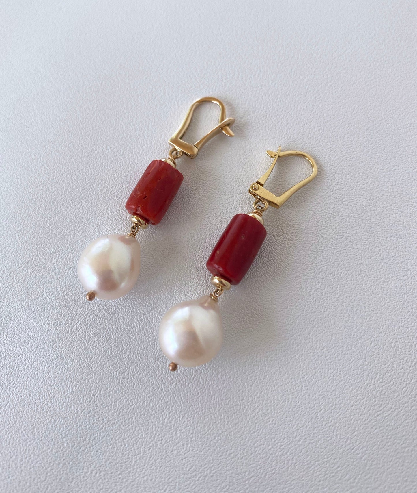 Mediterranean Coral, Pearl and 14K Yellow Gold Lever Back Earrings