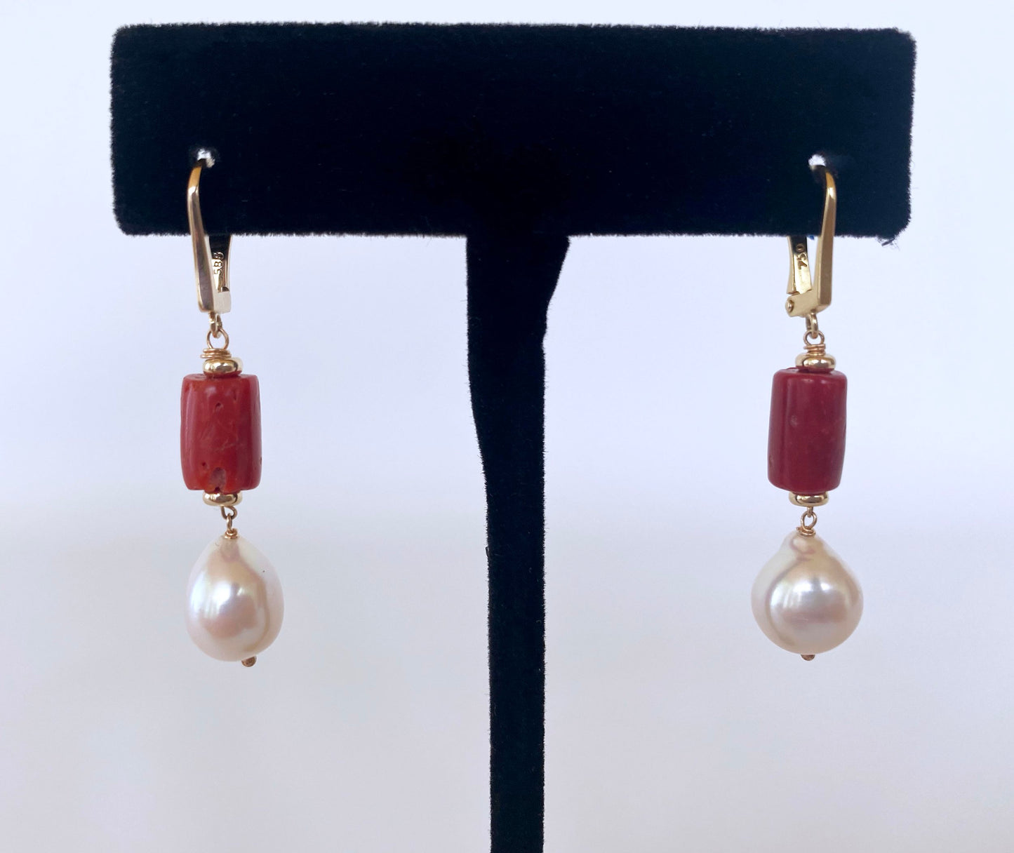Mediterranean Coral, Pearl and 14K Yellow Gold Lever Back Earrings