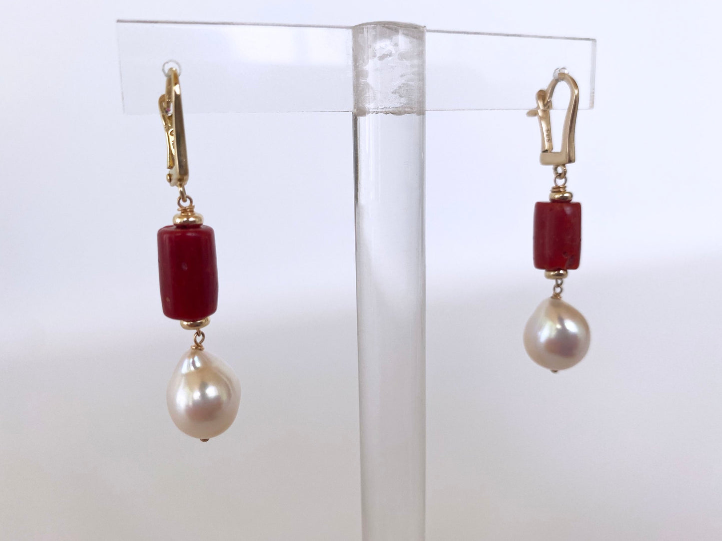 Mediterranean Coral, Pearl and 14K Yellow Gold Lever Back Earrings