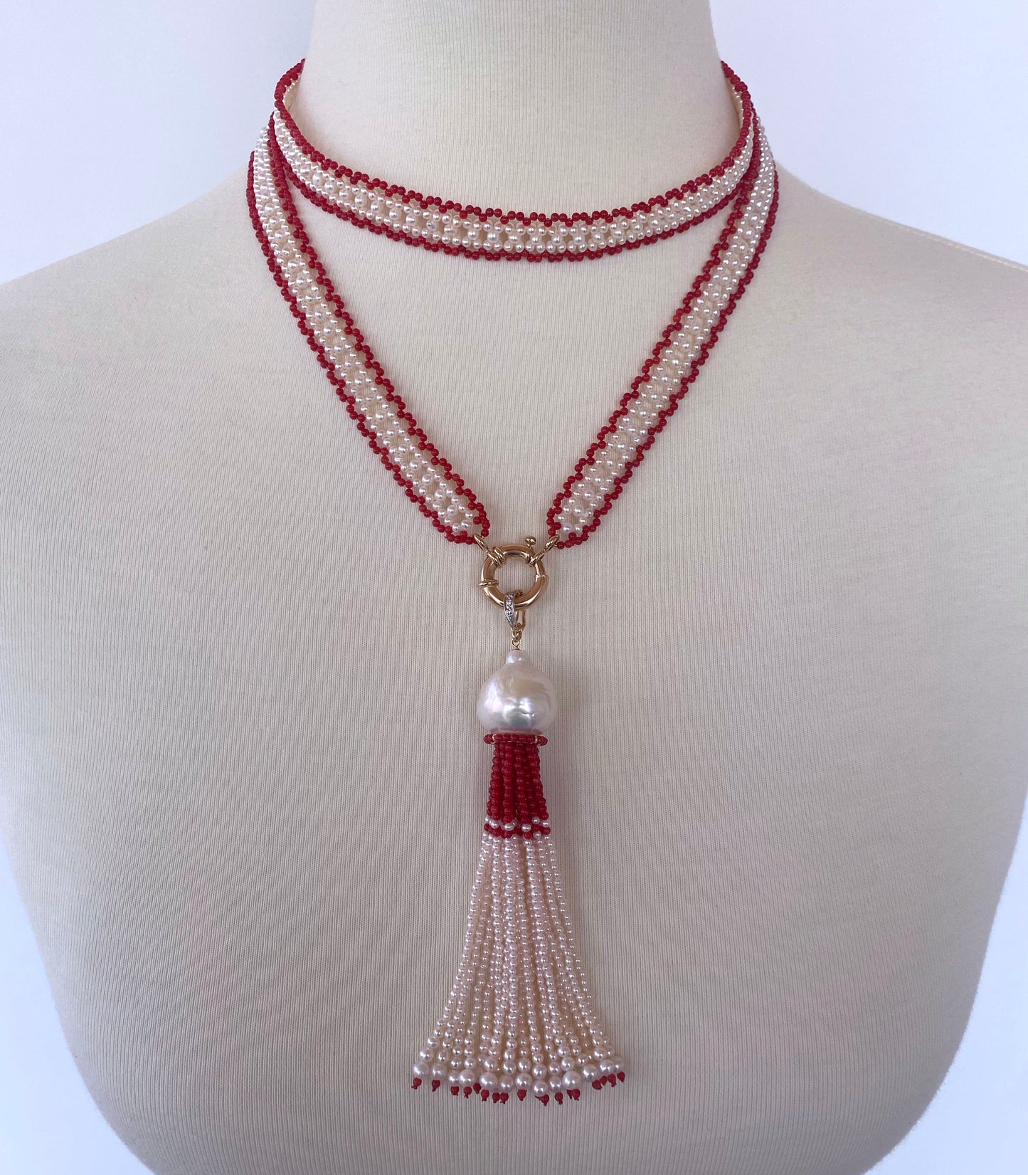 Fine Woven Coral & Pearl Satuoir with Baroque Tassel & 14k Yellow Gold