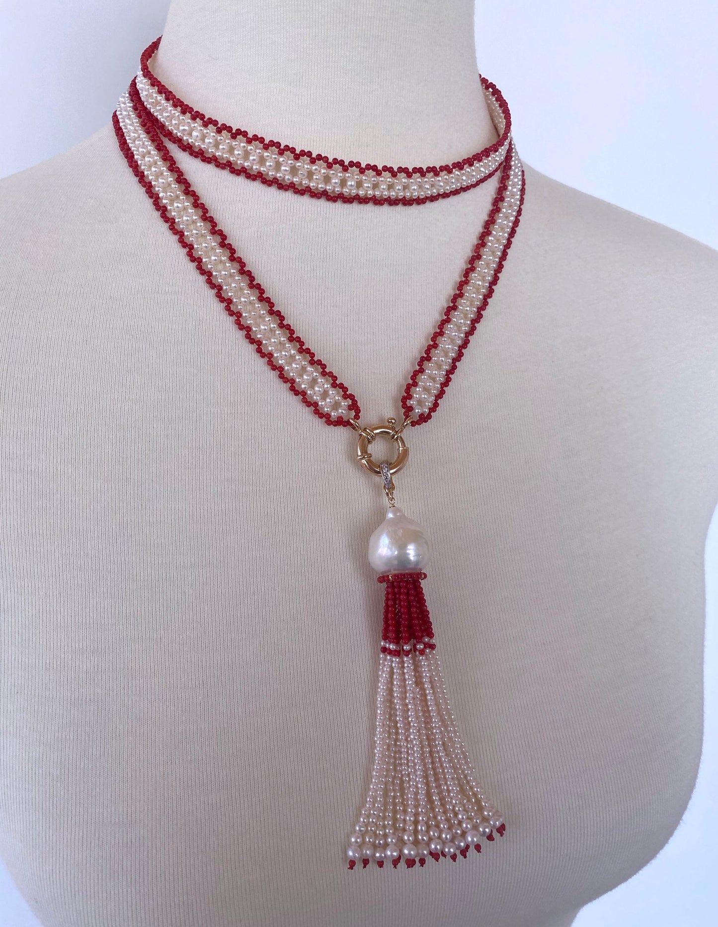 Fine Woven Coral & Pearl Satuoir with Baroque Tassel & 14k Yellow Gold