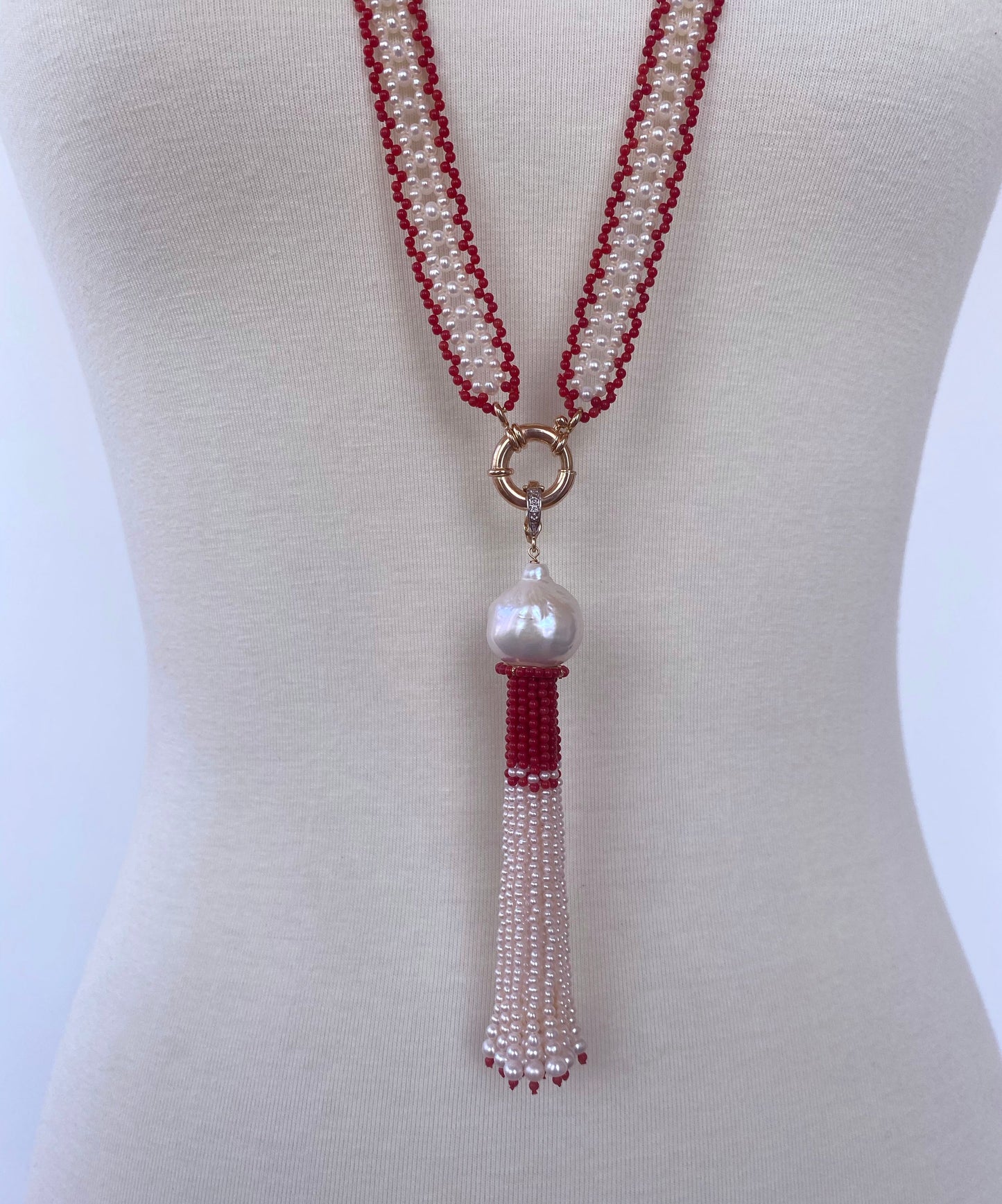 Fine Woven Coral & Pearl Satuoir with Baroque Tassel & 14k Yellow Gold