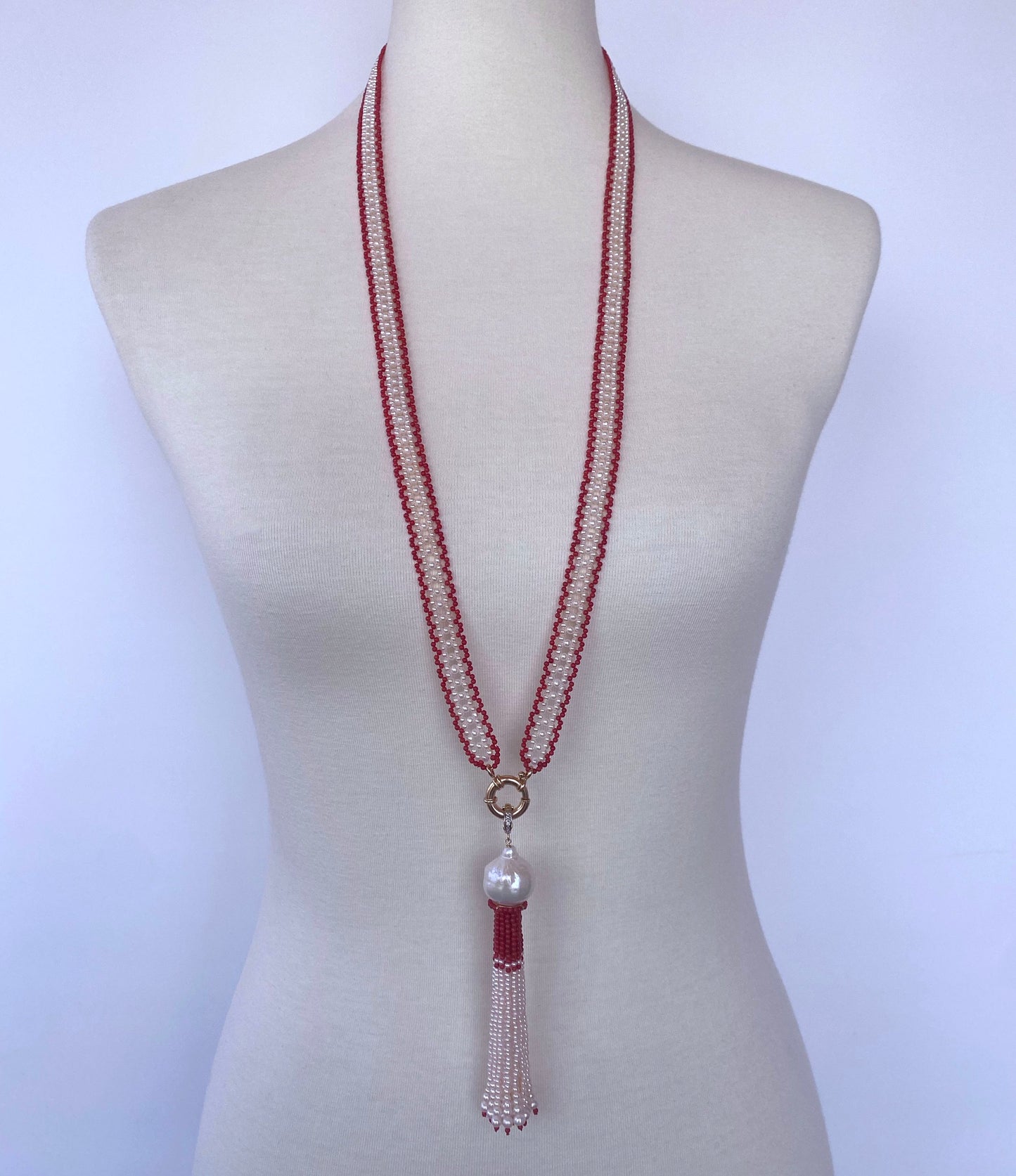 Fine Woven Coral & Pearl Satuoir with Baroque Tassel & 14k Yellow Gold