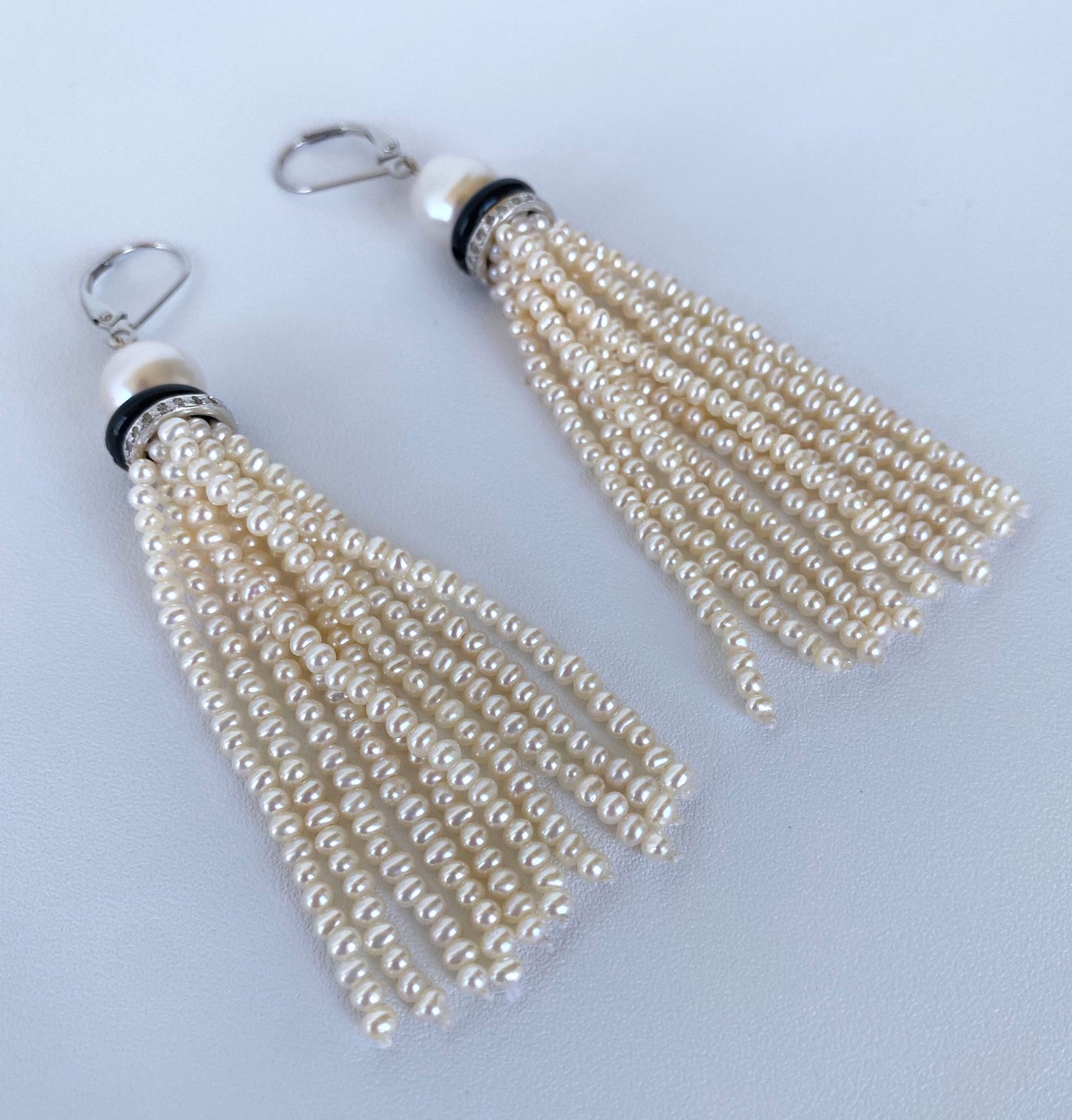 Pearl Tassel Earrings with Onyx and Diamond Encrusted 14k White Gold