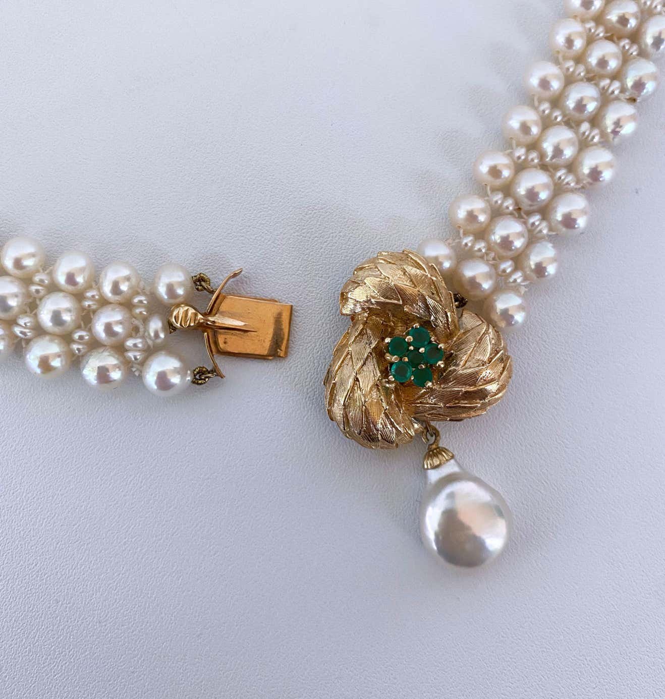 Pearl Necklace with Vintage 14k Yellow Gold and Emerald Center-Clasp