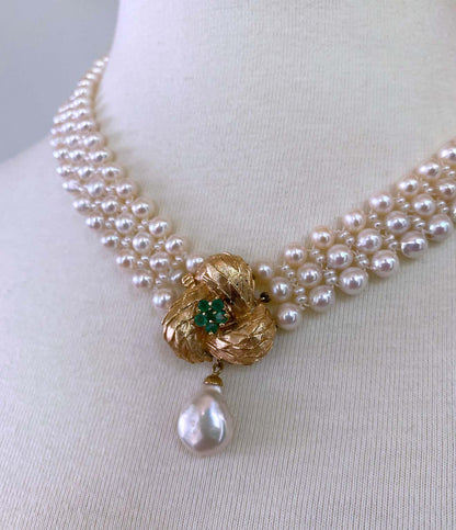 Pearl Necklace with Vintage 14k Yellow Gold and Emerald Center-Clasp