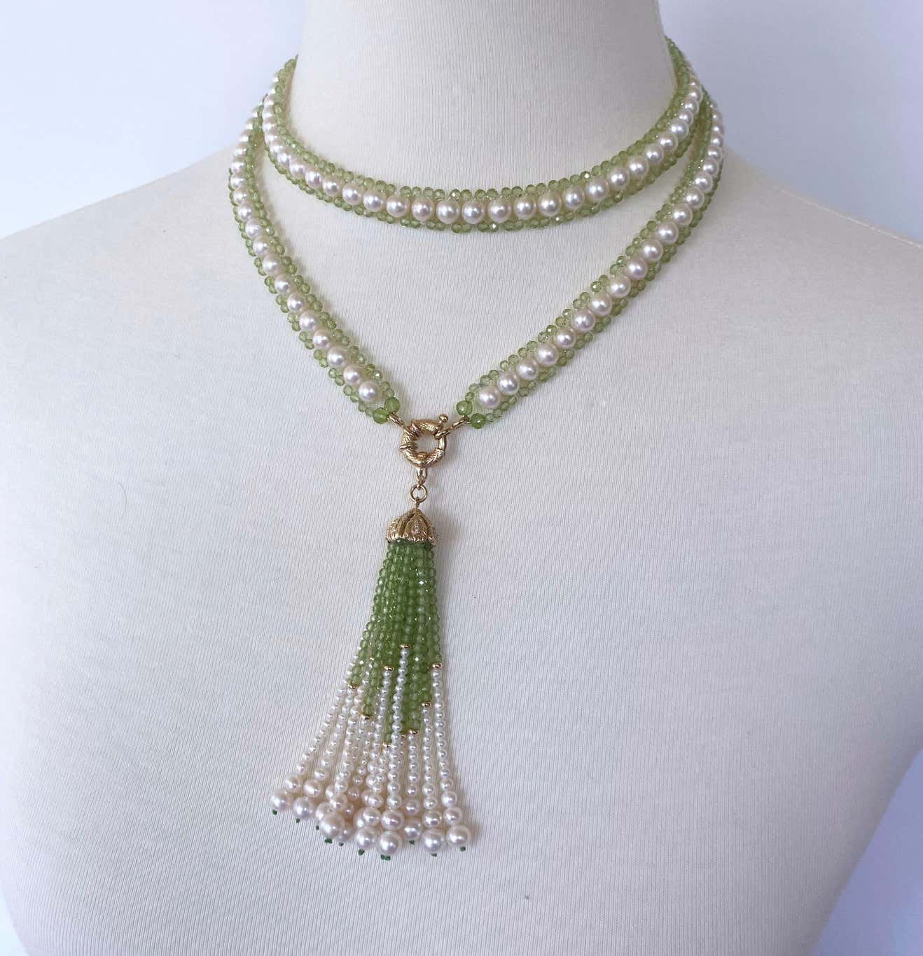 Peridot and Pearl Woven Sautoir with 14k Diamond Encrusted Tassel