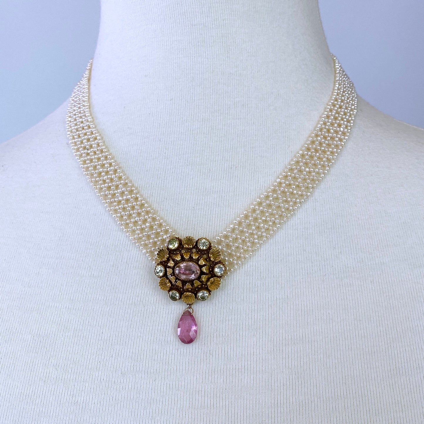 Woven Pearl "V" Necklace with Antique Diamond Clasp & Brooch