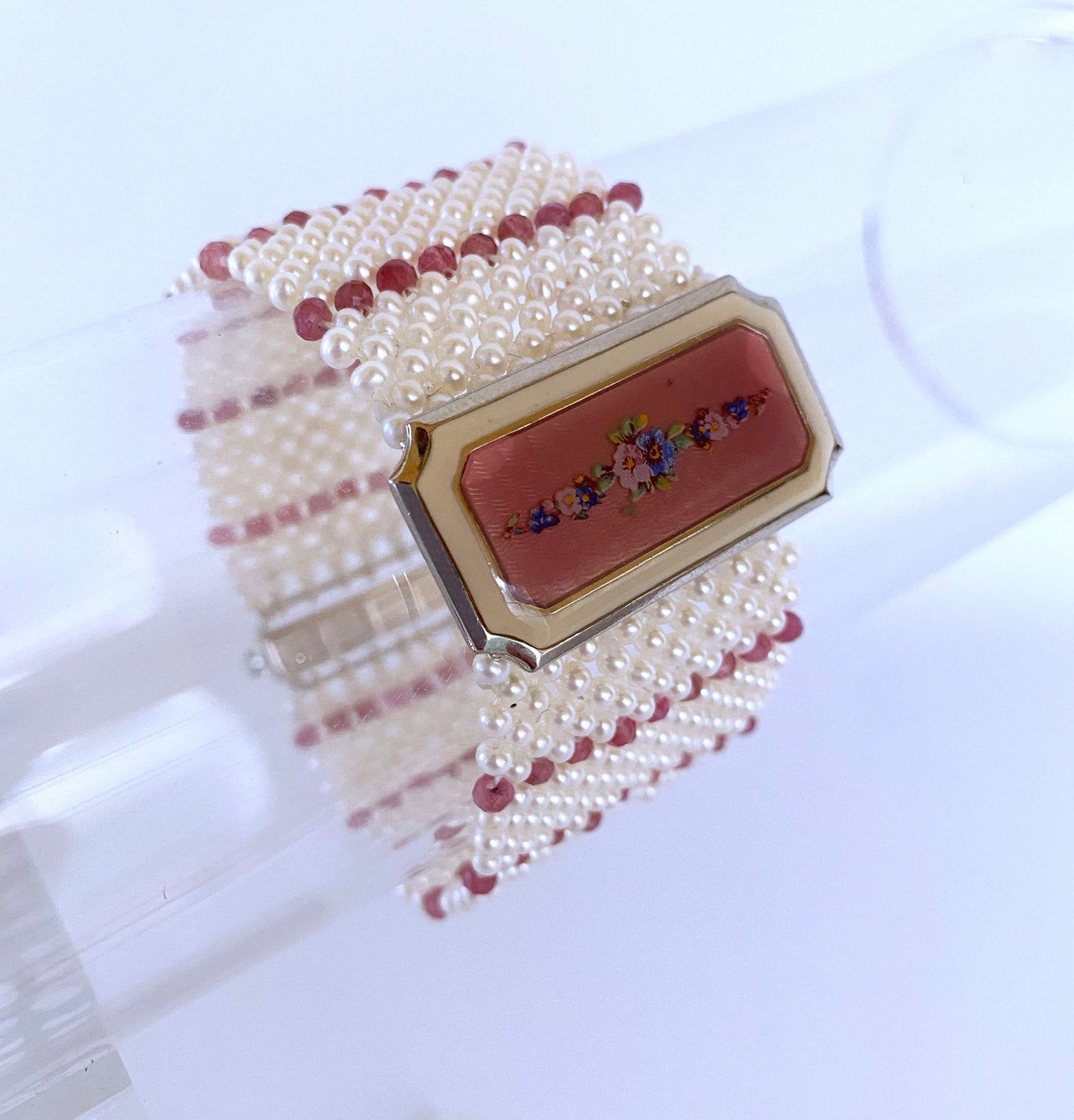 Pearl and Ruby Bracelet with 1940s Vintage Enameled Centerpiece