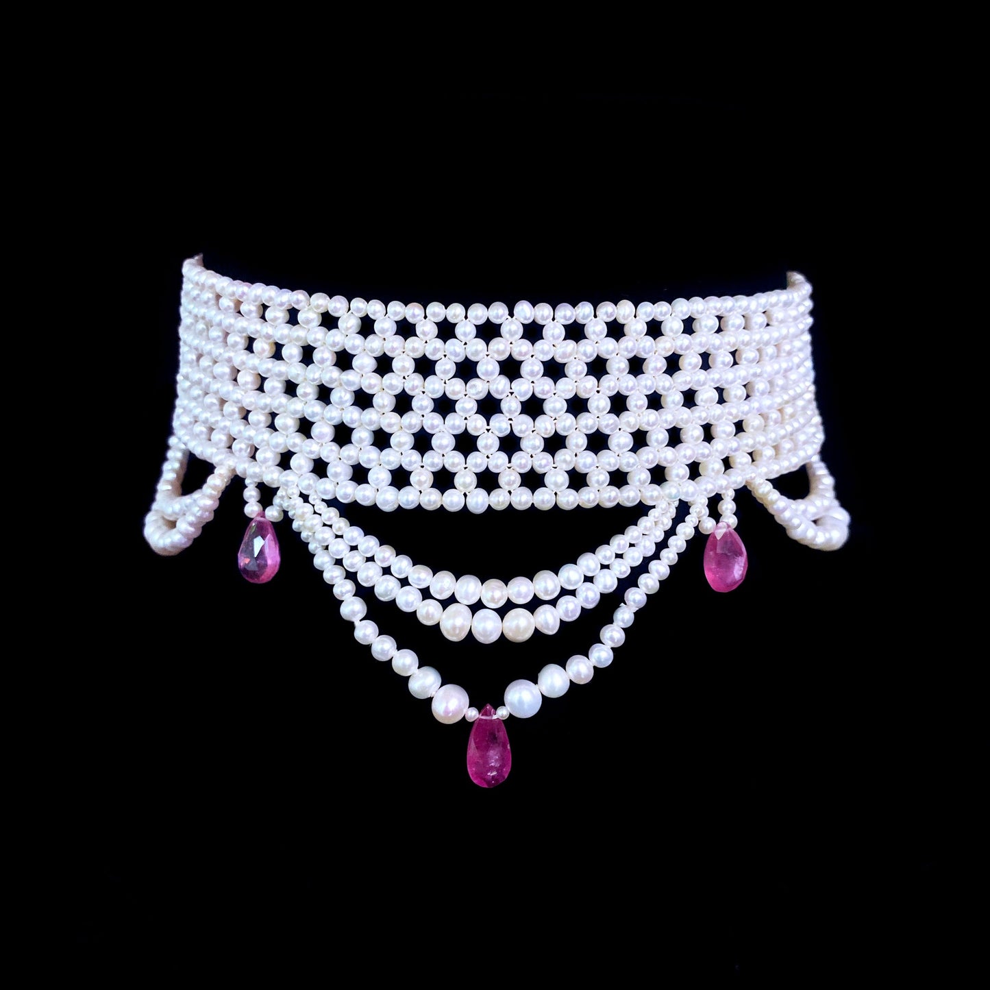 Pink Sapphire & Pearl Woven Choker with Rhodium Plated Silver Clasp