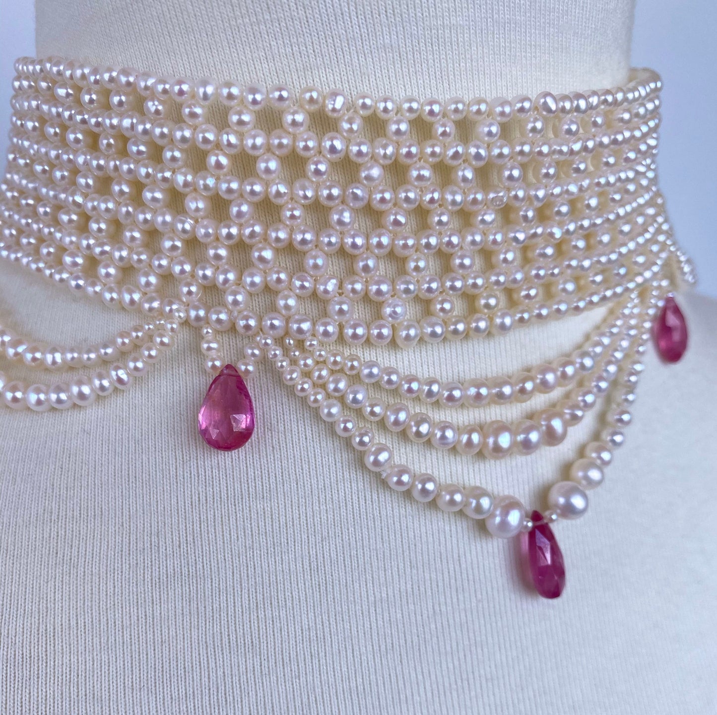 Pink Sapphire & Pearl Woven Choker with Rhodium Plated Silver Clasp
