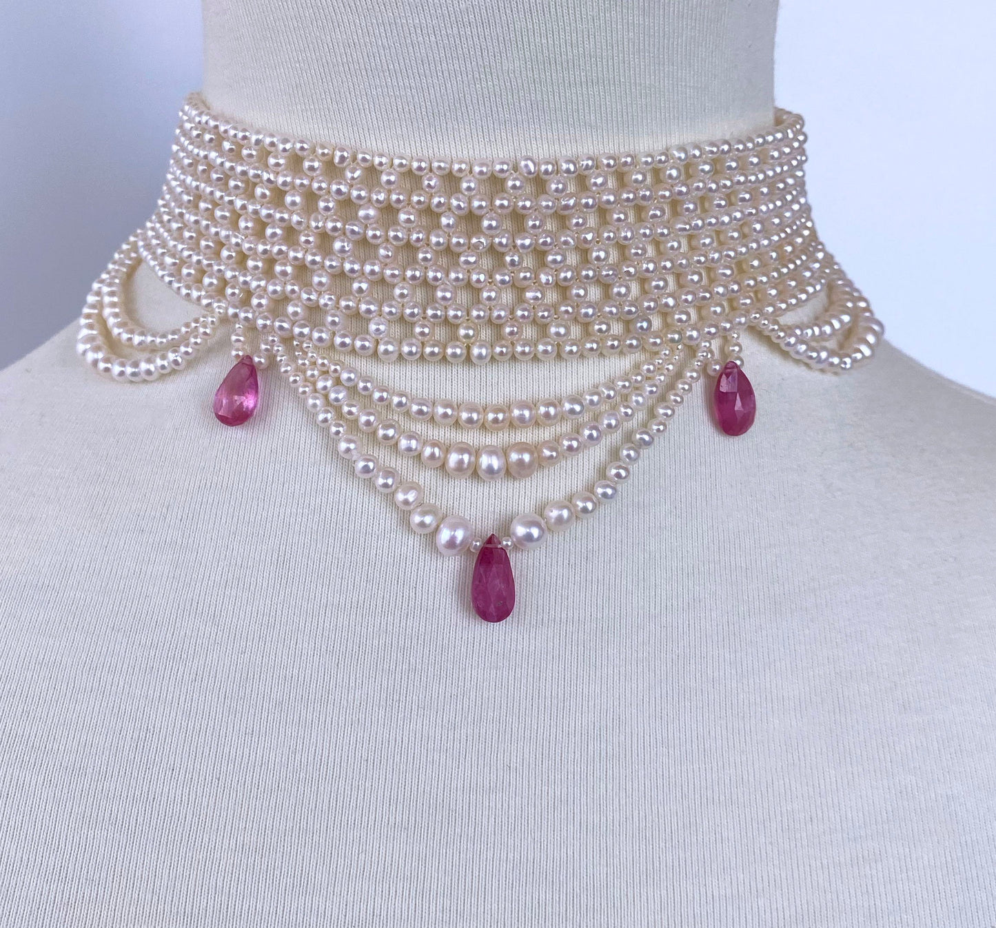 Pink Sapphire & Pearl Woven Choker with Rhodium Plated Silver Clasp