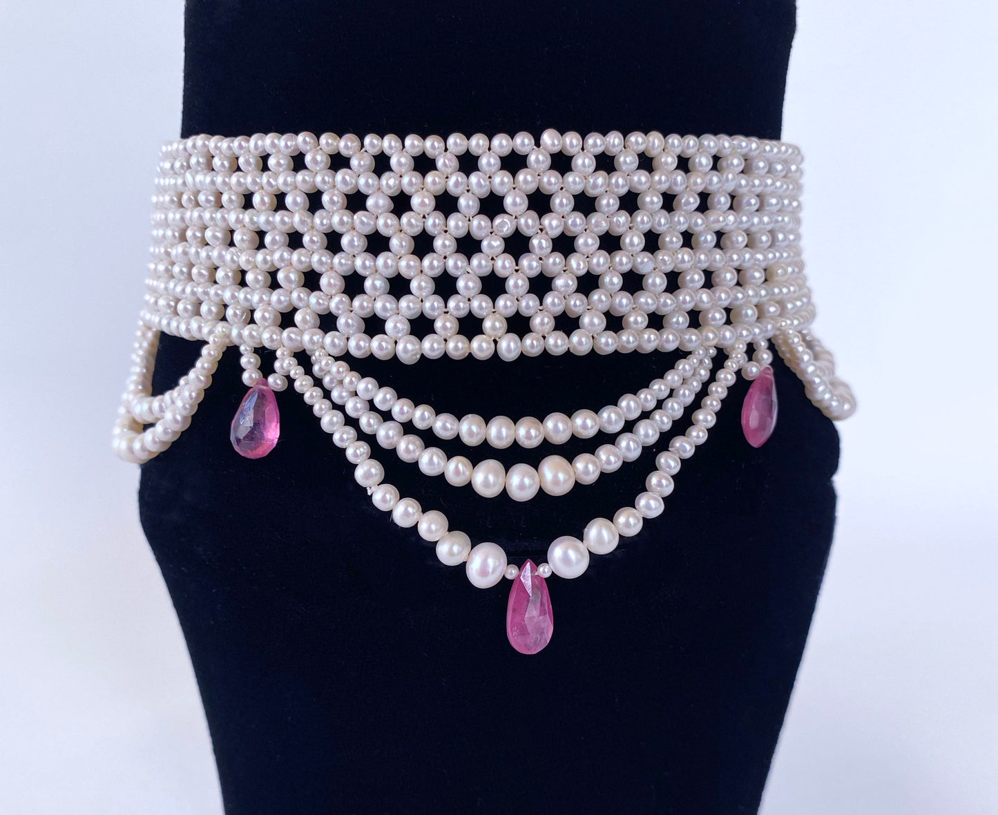 Pink Sapphire & Pearl Woven Choker with Rhodium Plated Silver Clasp