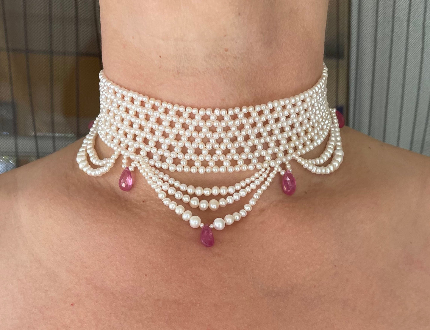 Pink Sapphire & Pearl Woven Choker with Rhodium Plated Silver Clasp