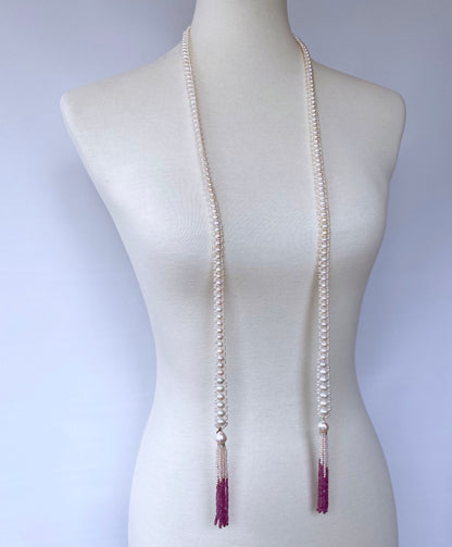 Graduate Pearl Sautoir with Pink Sapphire Tassels and 14k Yellow Gold
