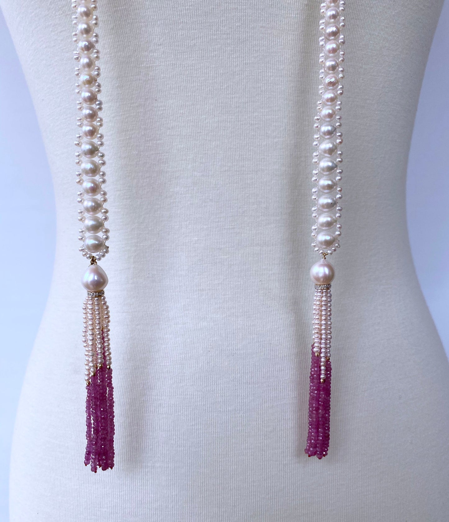 Graduate Pearl Sautoir with Pink Sapphire Tassels and 14k Yellow Gold