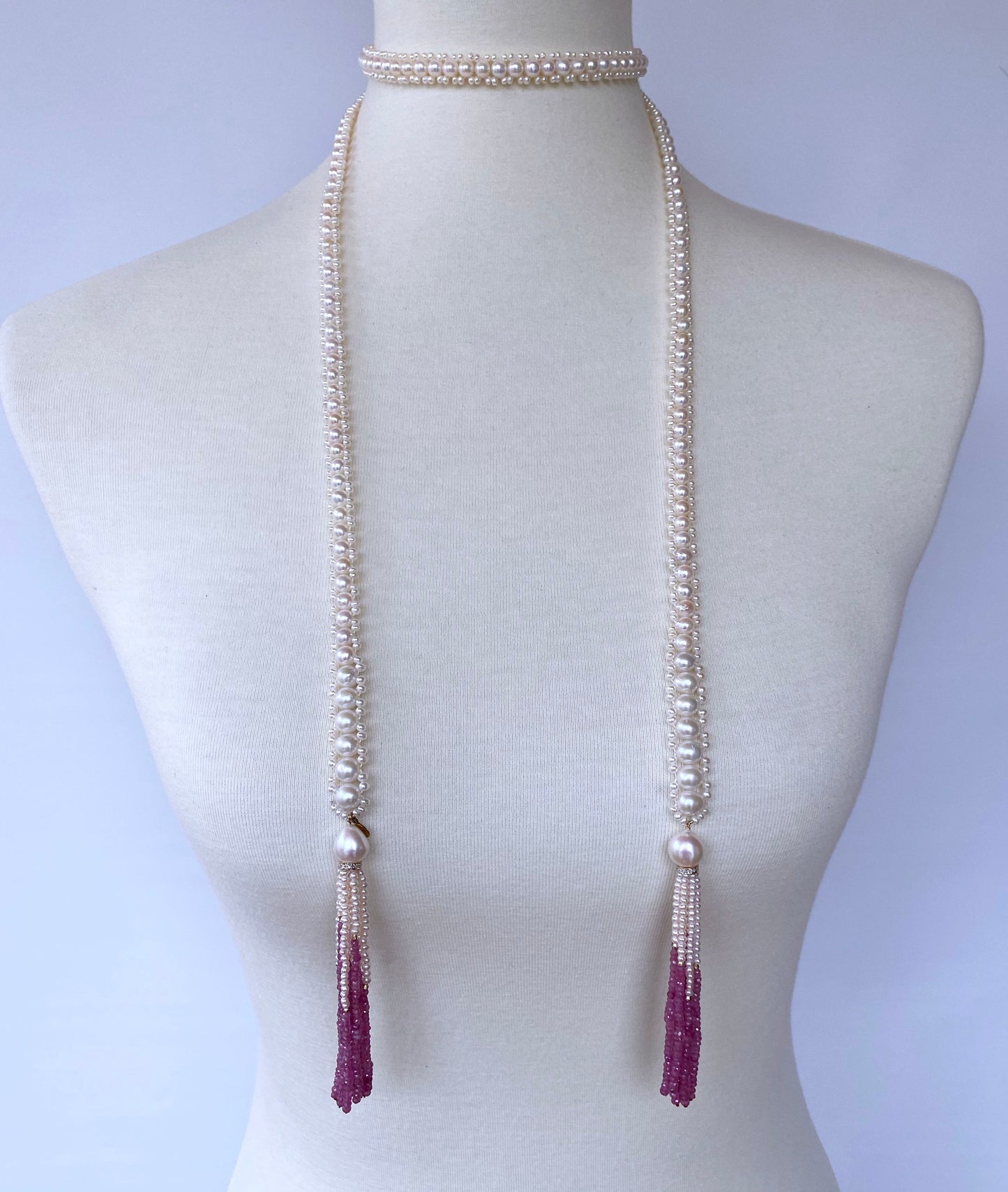 Graduate Pearl Sautoir with Pink Sapphire Tassels and 14k Yellow Gold