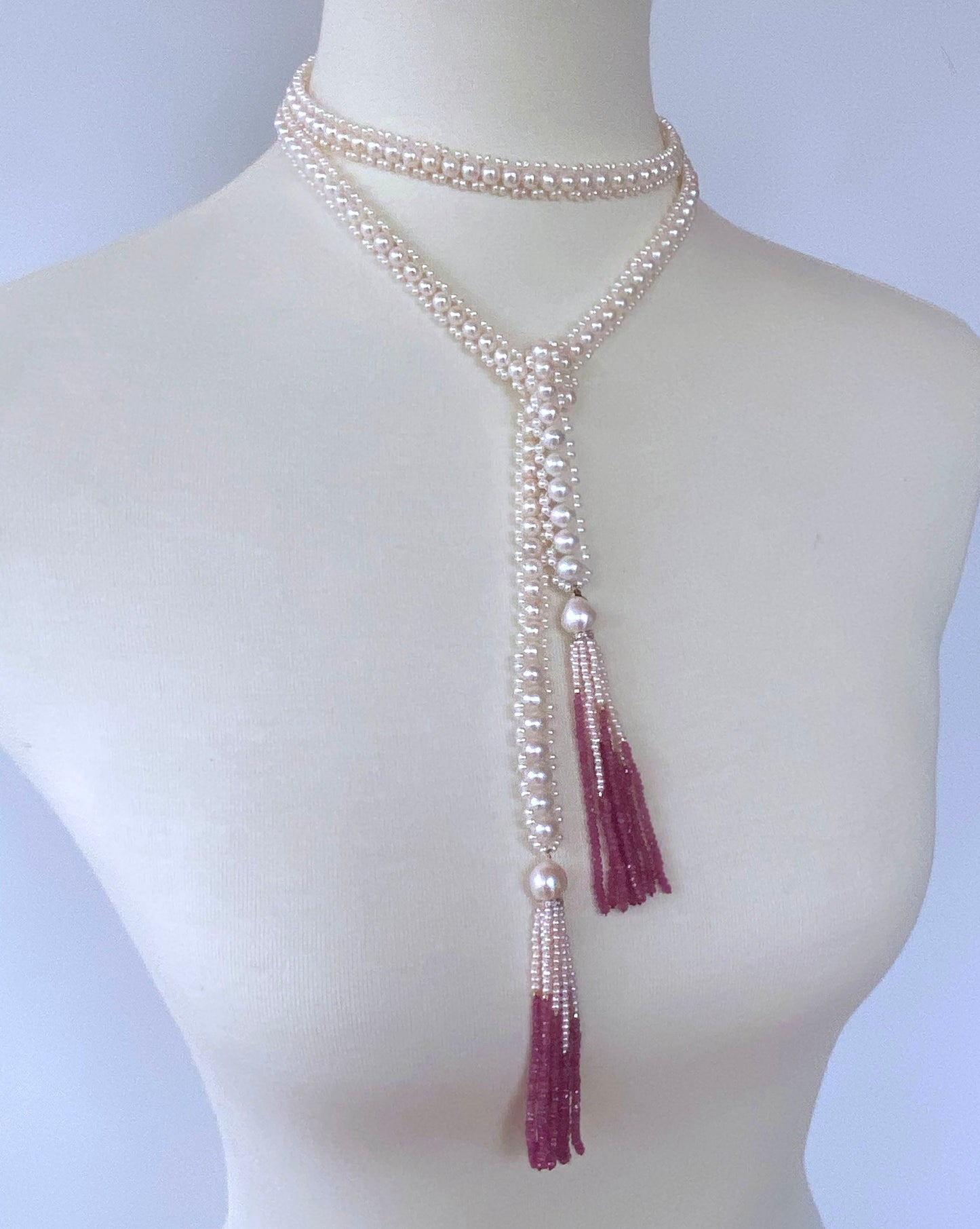 Graduate Pearl Sautoir with Pink Sapphire Tassels and 14k Yellow Gold
