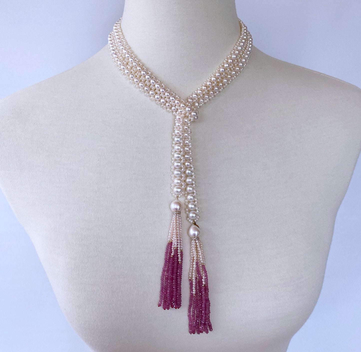 Graduate Pearl Sautoir with Pink Sapphire Tassels and 14k Yellow Gold