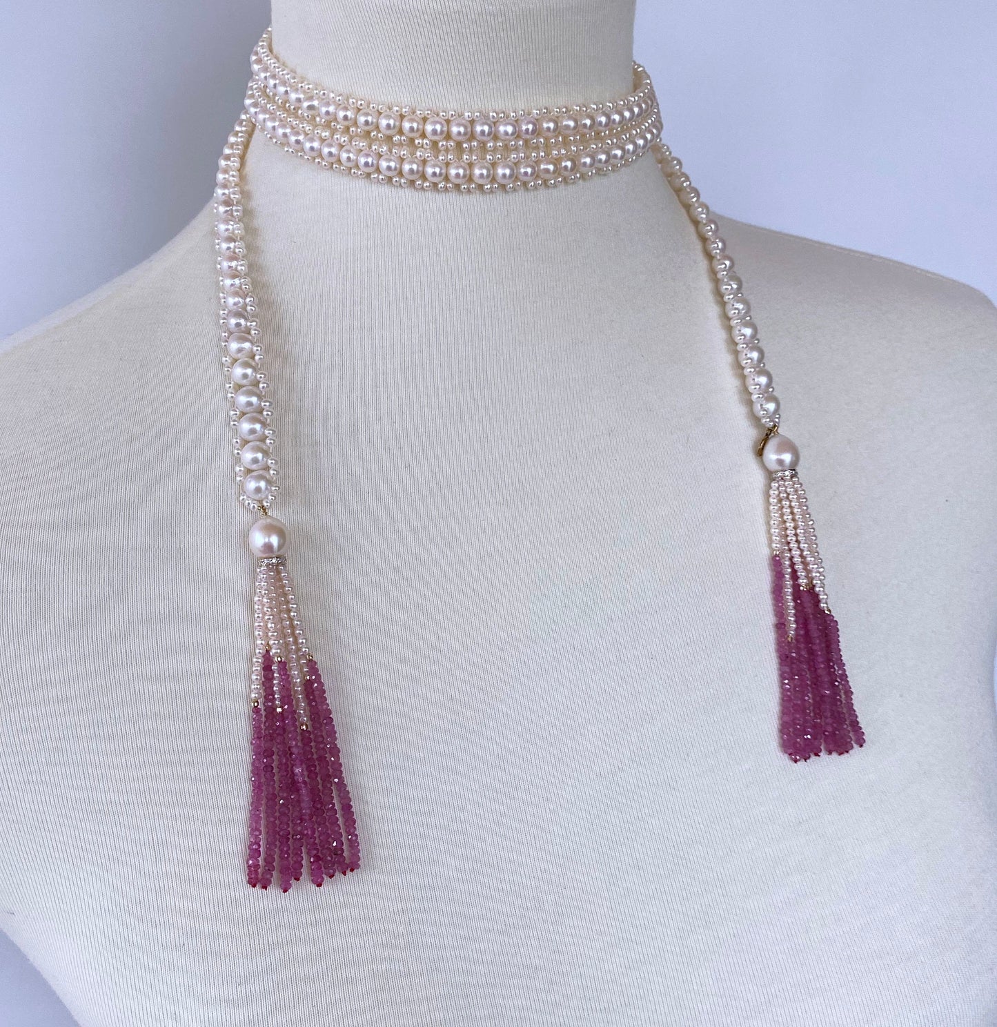 Graduate Pearl Sautoir with Pink Sapphire Tassels and 14k Yellow Gold