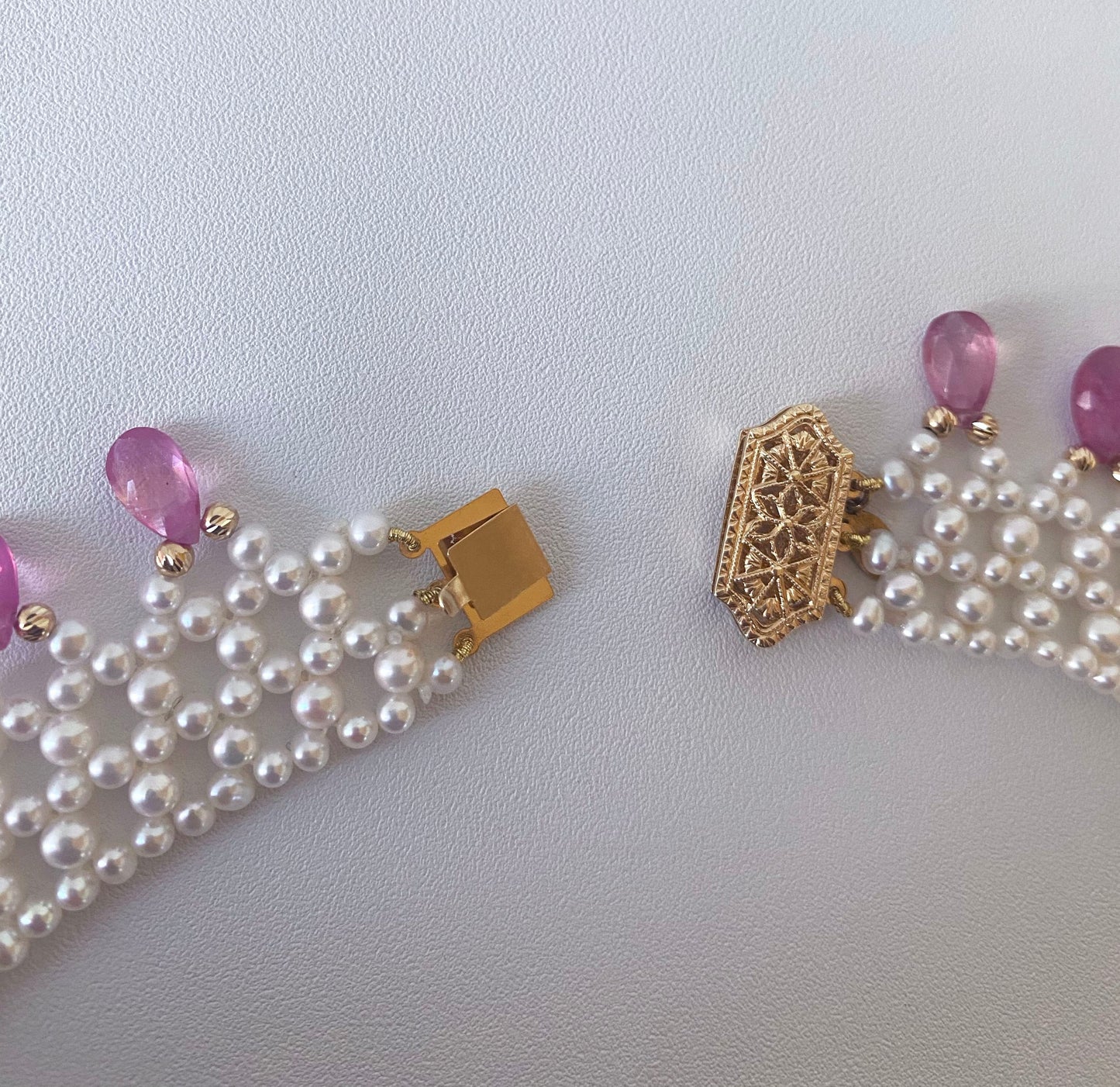 Ultimate Valentine's Pink Sapphire & Pearl Necklace, 14k Yellow Gold
