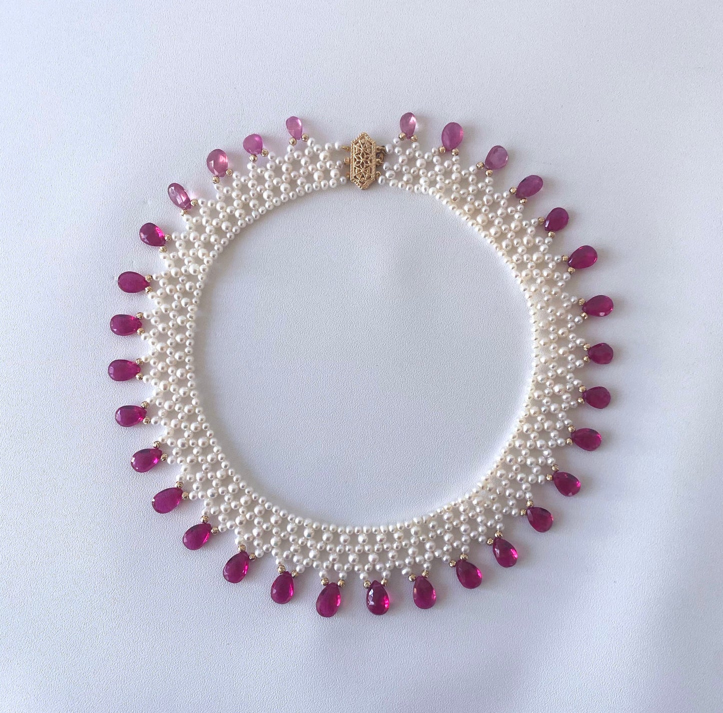 Ultimate Valentine's Pink Sapphire & Pearl Necklace, 14k Yellow Gold