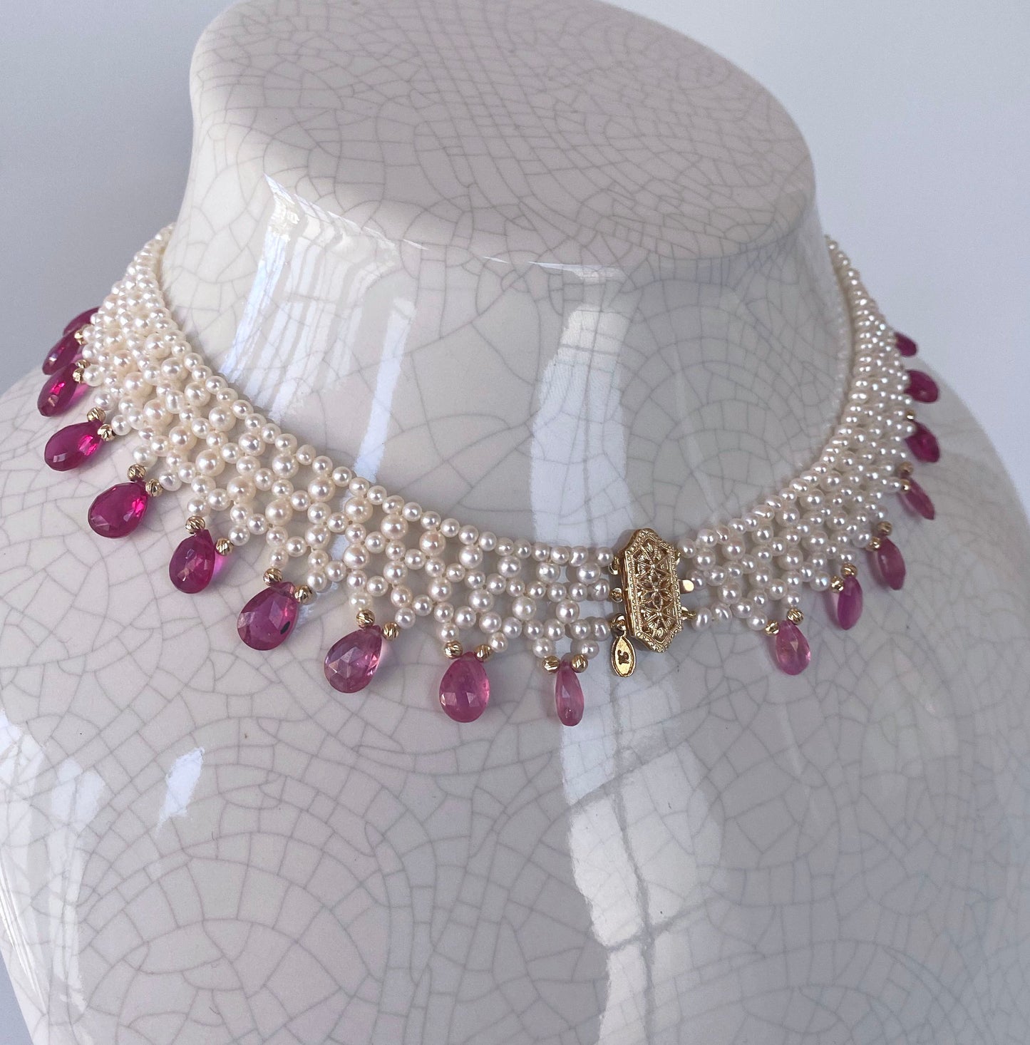 Ultimate Valentine's Pink Sapphire & Pearl Necklace, 14k Yellow Gold