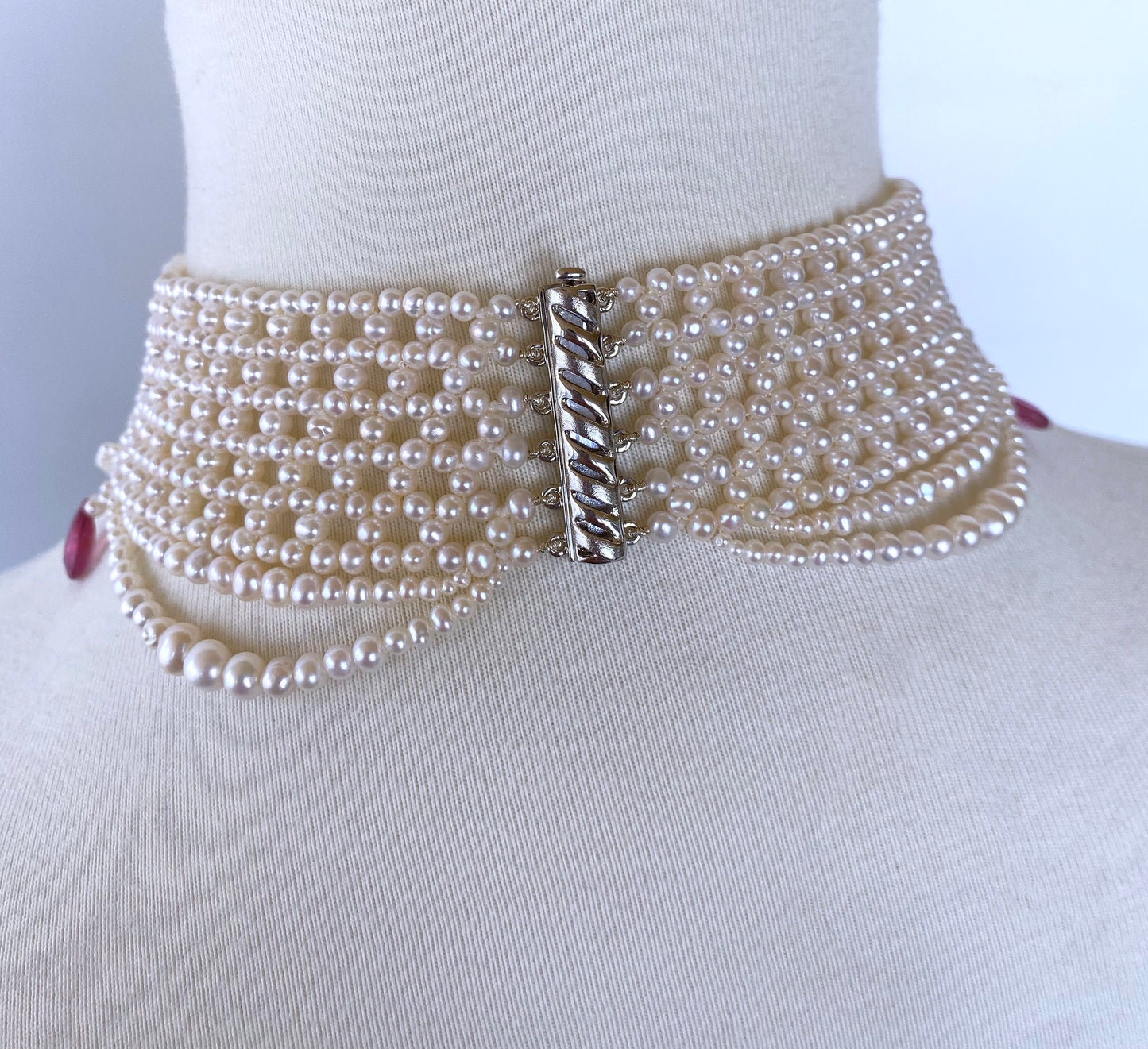 Pink Sapphire & Pearl Woven Choker with Rhodium Plated Silver Clasp