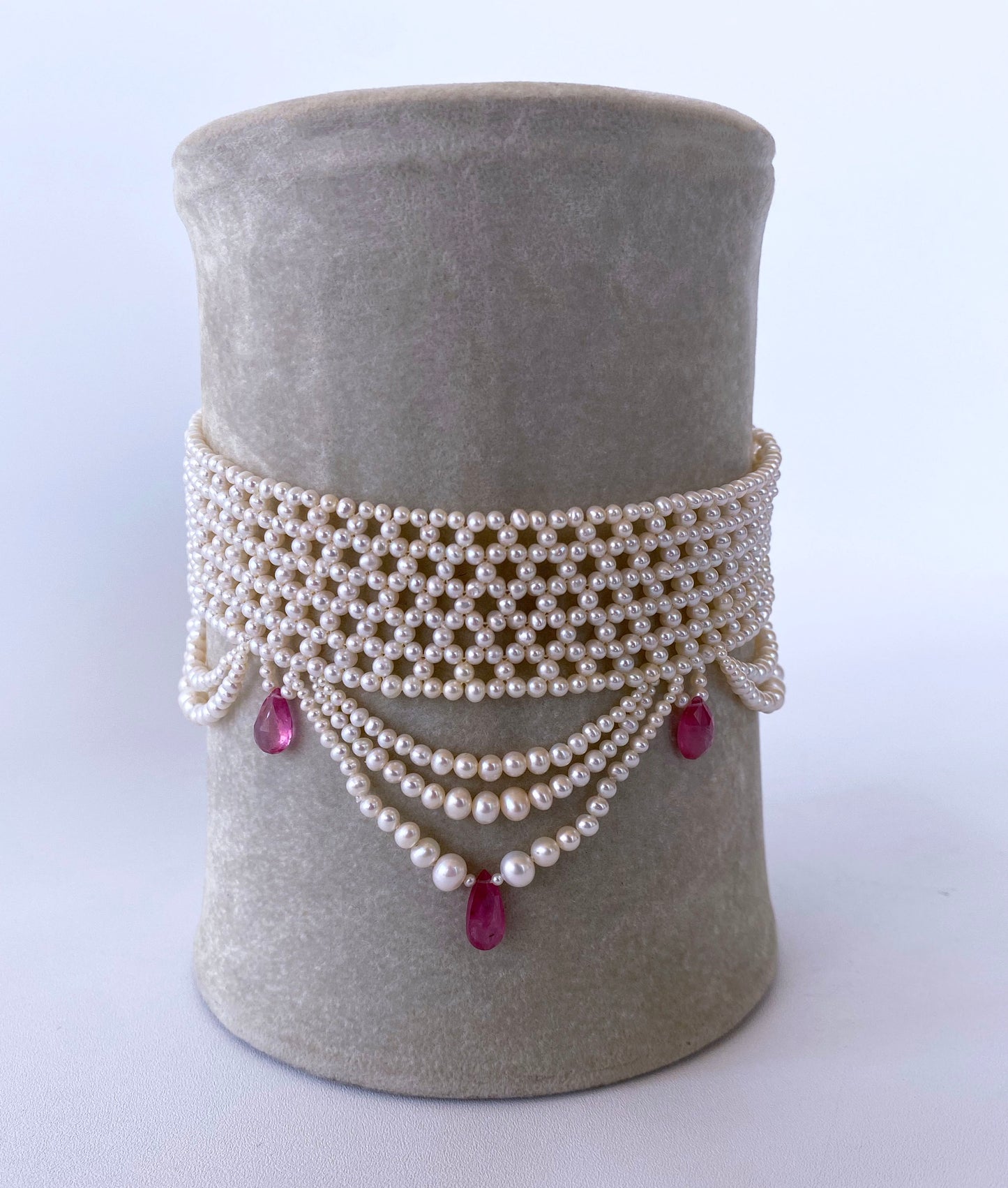Pink Sapphire & Pearl Woven Choker with Rhodium Plated Silver Clasp