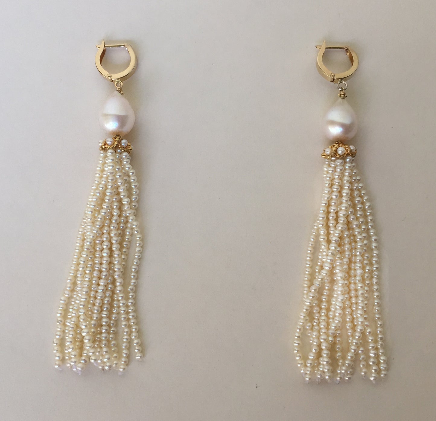 White Pearl Tassel Earrings with 14 Karat Yellow Gold Cup and Lever Back