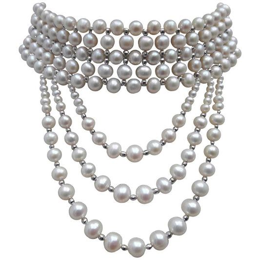 Woven White Pearl and Draped Choker with Rhodium Plated Silver