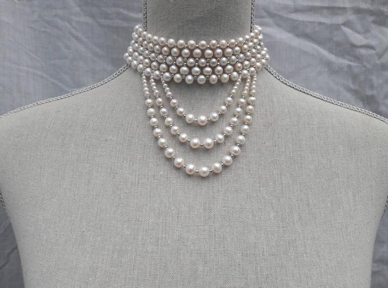 Woven White Pearl and Draped Choker with Rhodium Plated Silver