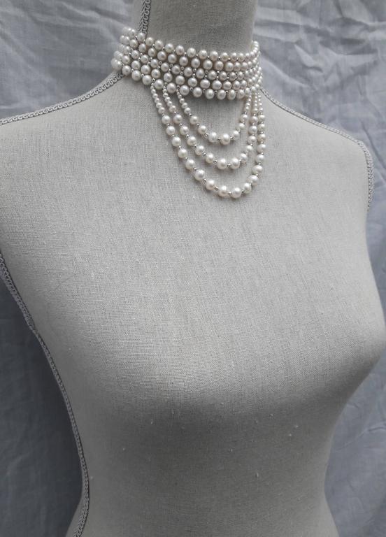 Woven White Pearl and Draped Choker with Rhodium Plated Silver