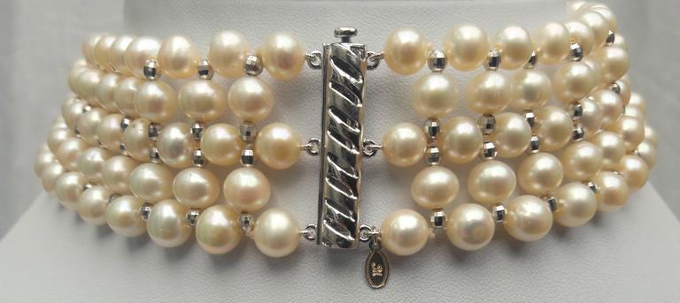 Woven White Pearl and Draped Choker with Rhodium Plated Silver