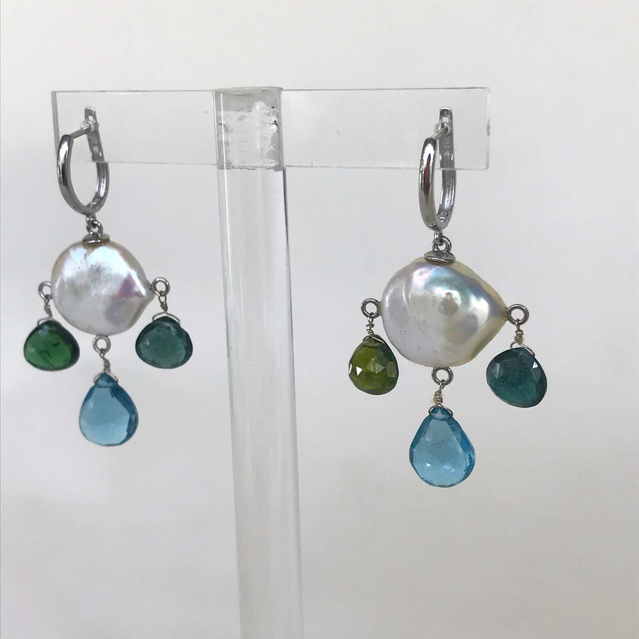 Pearl, Tourmaline, London Blue Topaz & 14K White Gold Earrings