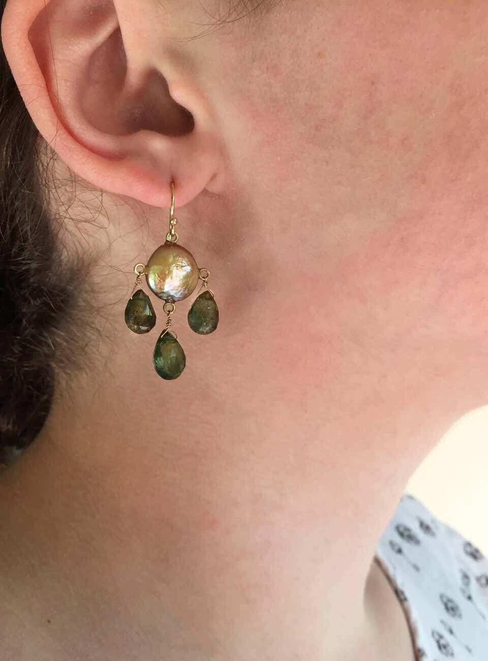 Green Tourmaline & Pearl Chandelier Earrings with Solid 14K Gold