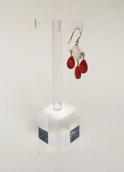 Coin Pearl and Coral Drop Earrings with 14k Yellow Gold