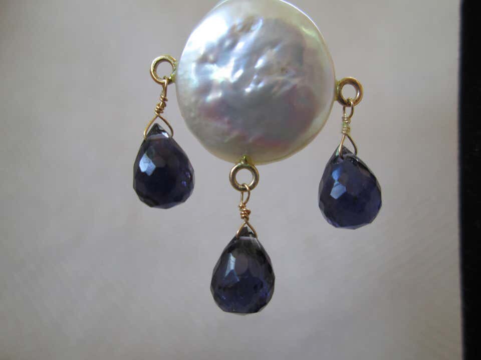 Marina J Large Double "Coin" Pears, Iolite Briolettes and 14 k gold Earrings
