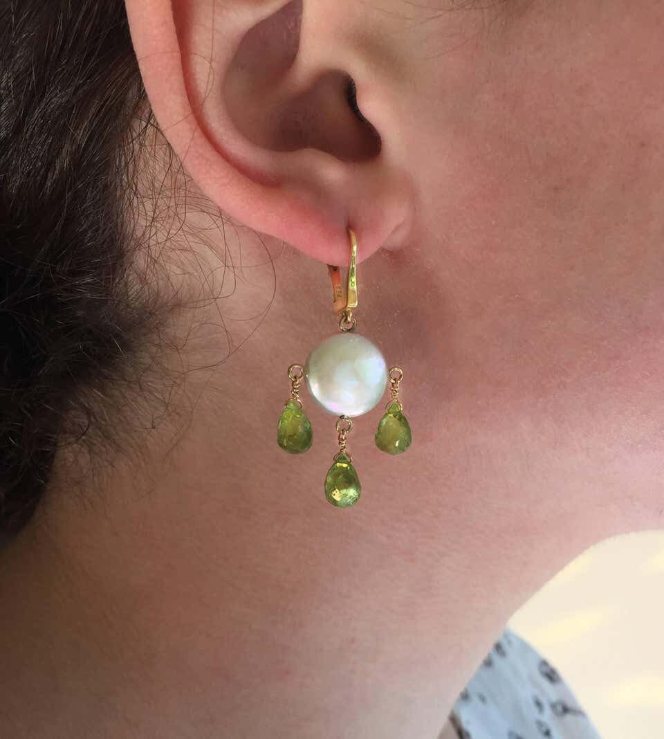 Flat Coin Pearl, Peridot & Solid 14k Yellow Gold Earrings
