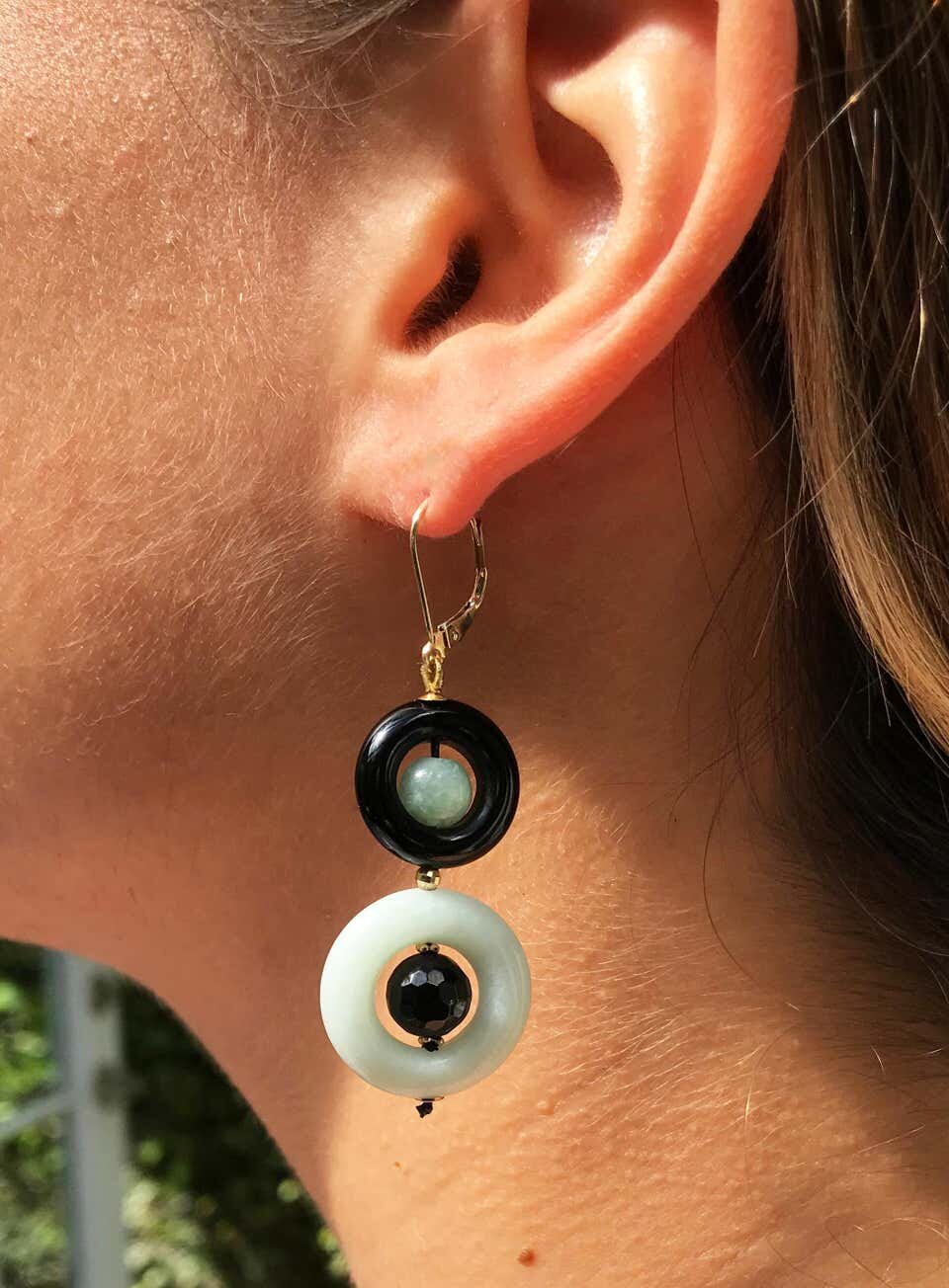 Jade, Black Onyx and Solid 14k Yellow Gold Lever Back Earrings