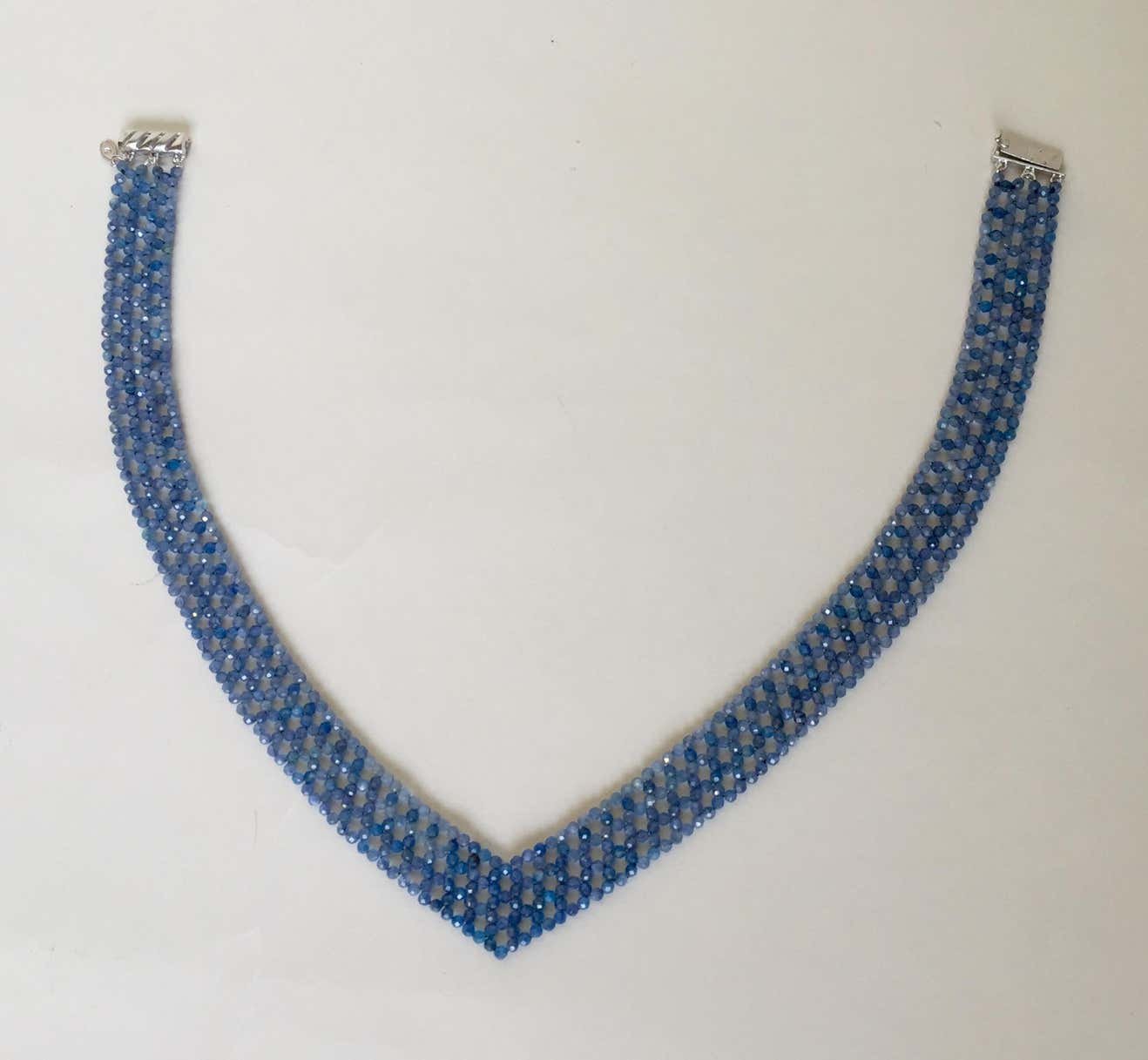 Woven Kyanite Bead "V" Shape Necklace with Sterling Silver Clasp & Brooch