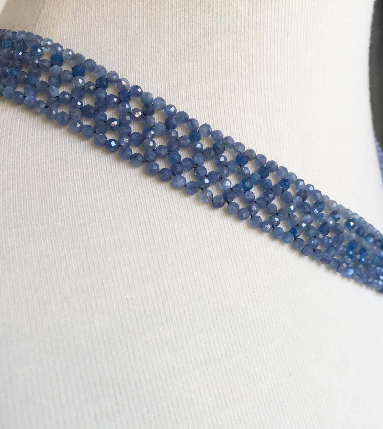 Woven Kyanite Bead "V" Shape Necklace with Sterling Silver Clasp & Brooch