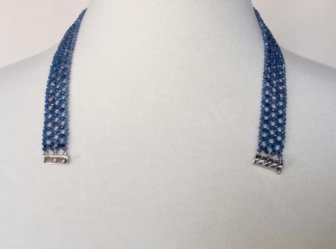 Woven Kyanite Bead "V" Shape Necklace with Sterling Silver Clasp & Brooch