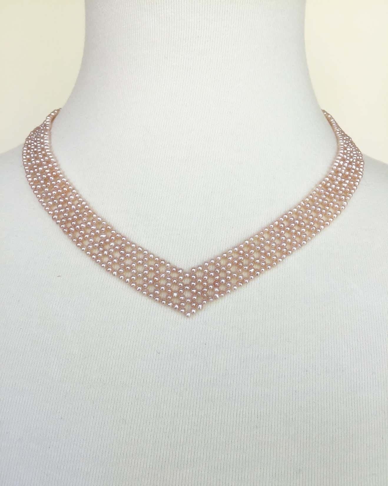 Woven Pink Pearl "V" Necklace with 14k White Gold-Plated Sliding Clasp