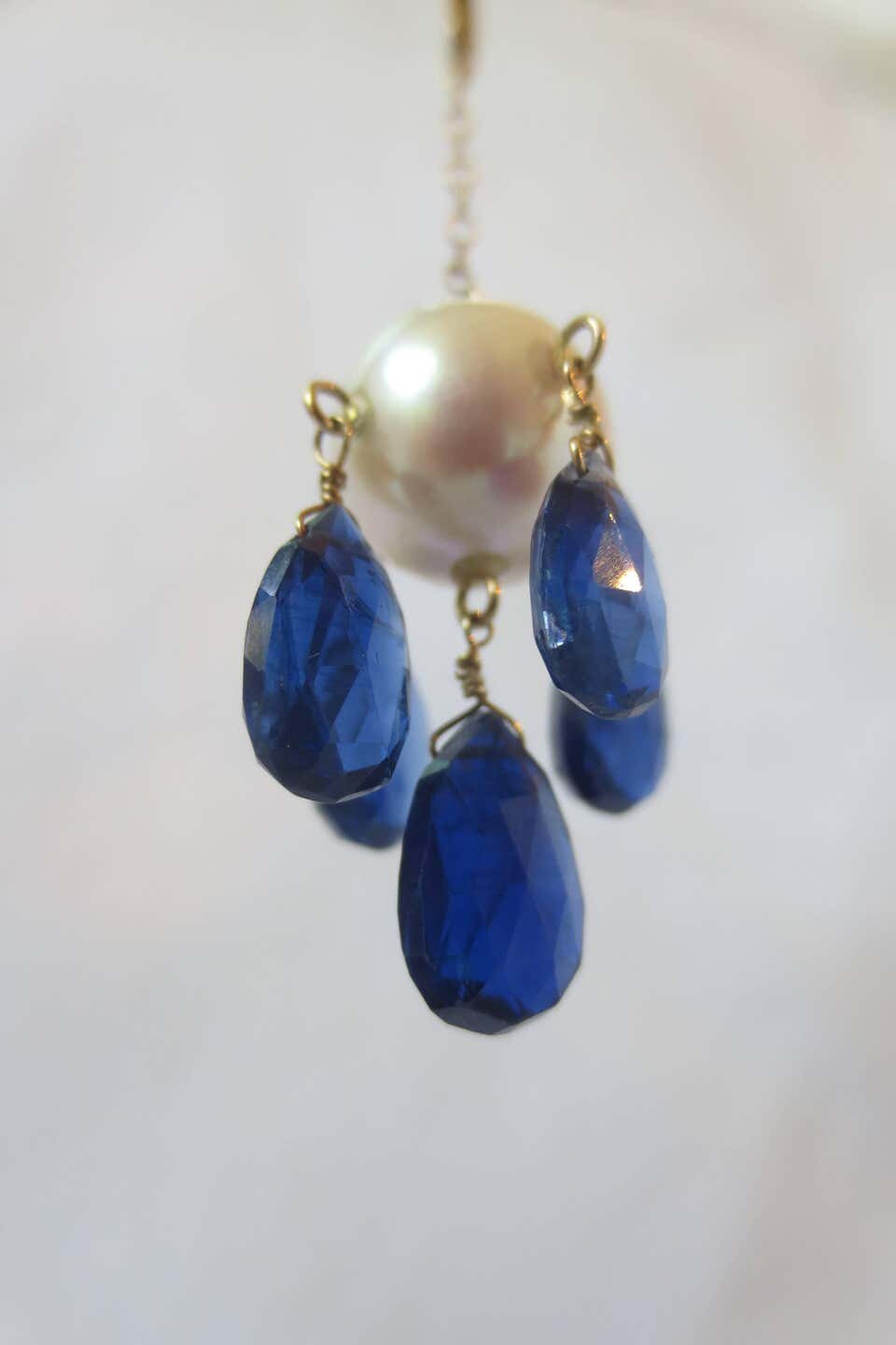 Pearl & Kyanite Chandelier Earrings with Solid 14K Yellow Gold