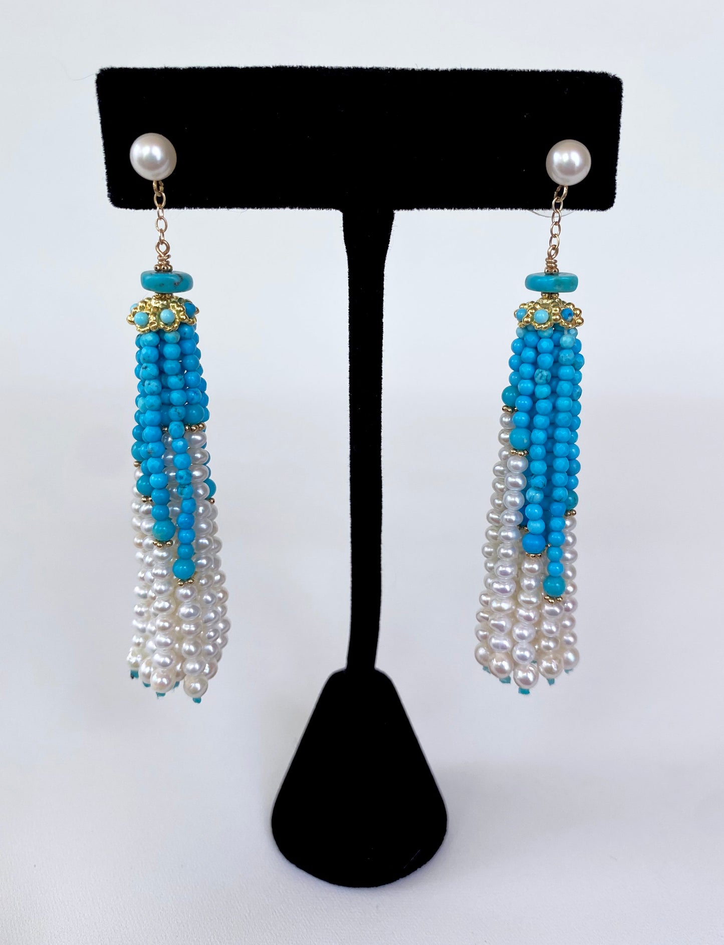 Turquoise, Pearl & solid 14k Yellow Gold Tassel Earrings