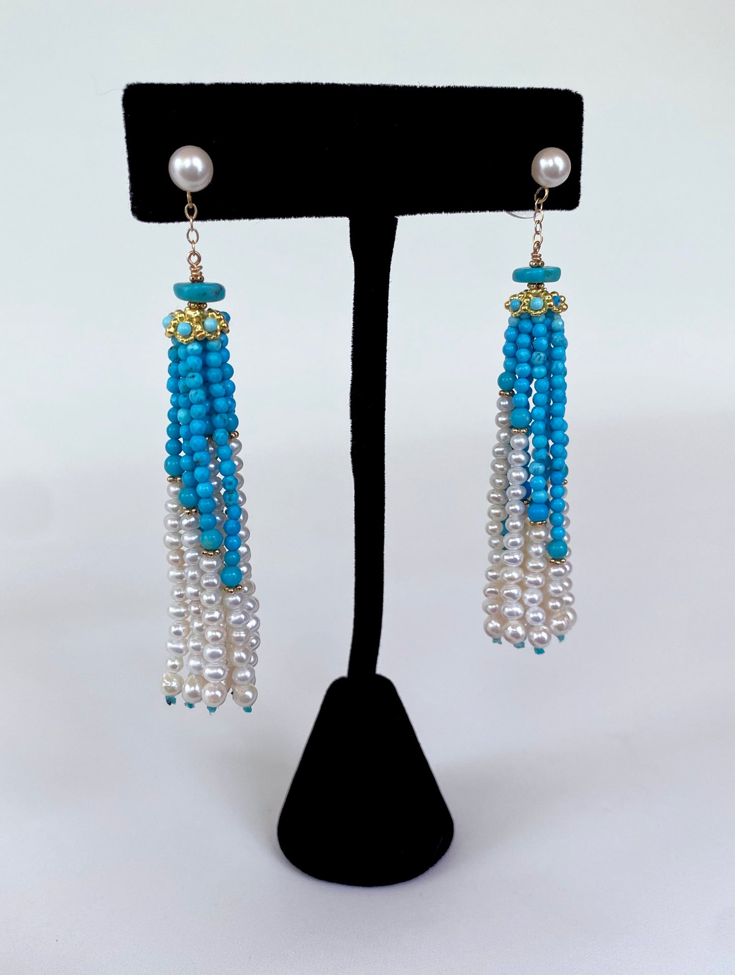 Turquoise, Pearl & solid 14k Yellow Gold Tassel Earrings