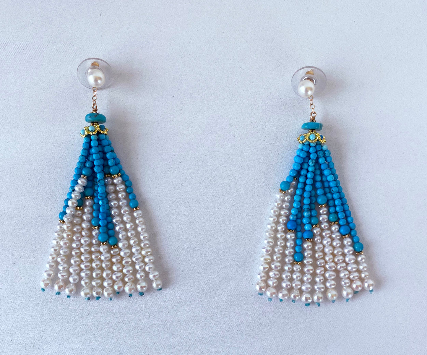 Turquoise, Pearl & solid 14k Yellow Gold Tassel Earrings