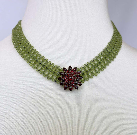 Woven Peridot Necklace with 14K Yellow Gold Clasp & Garnet Brooch
